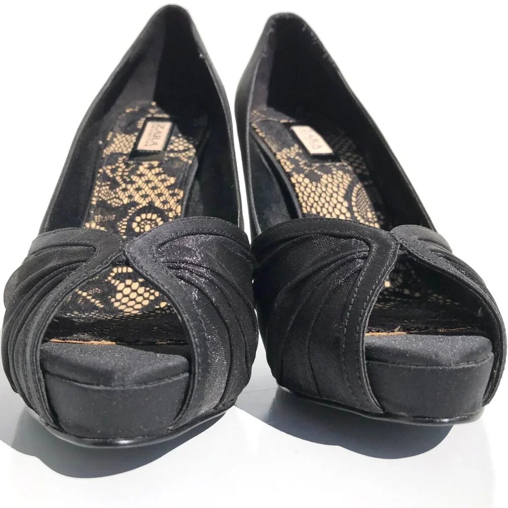 Zara Collection peep toe heels 37 black satin patent platform pump evening party